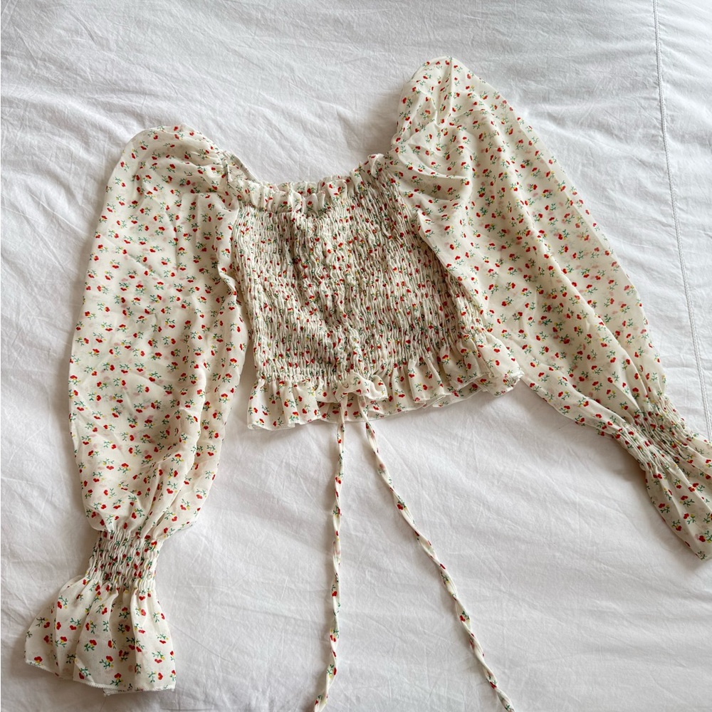 Cream Floral Smocked Peasant Crop Top